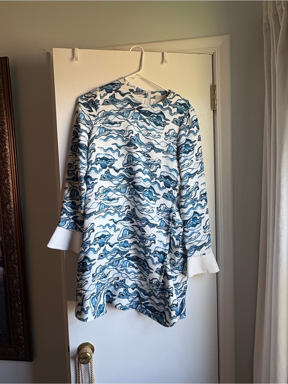 Essentiel Antwerp White Tunic Dress with Blue Wave Print